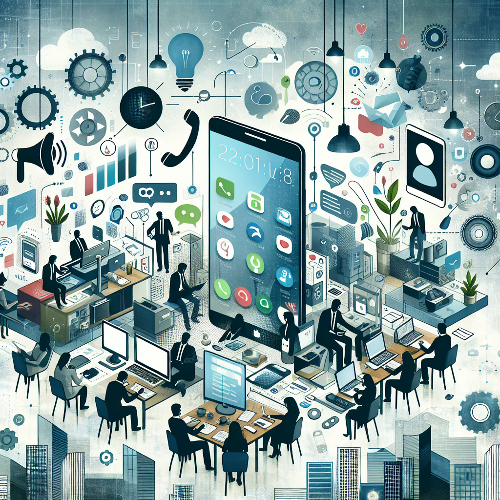 Illustration of Phone routing multiple devices in a Modern office with mobile tech setting, with a inspired mood.