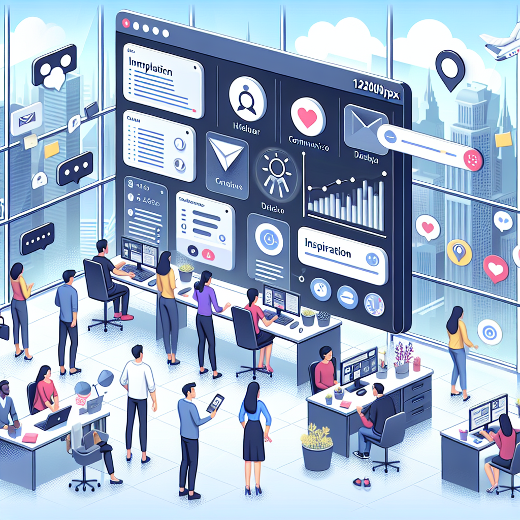 Illustration of Team using communication dashboard in a City skyline through office window setting, with a inspired mood.