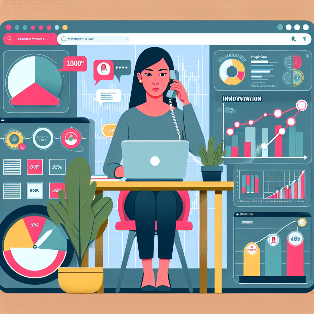 Illustration of Person making business calls on phone in a Dashboard with telecom metrics setting, with a innovative mood.
