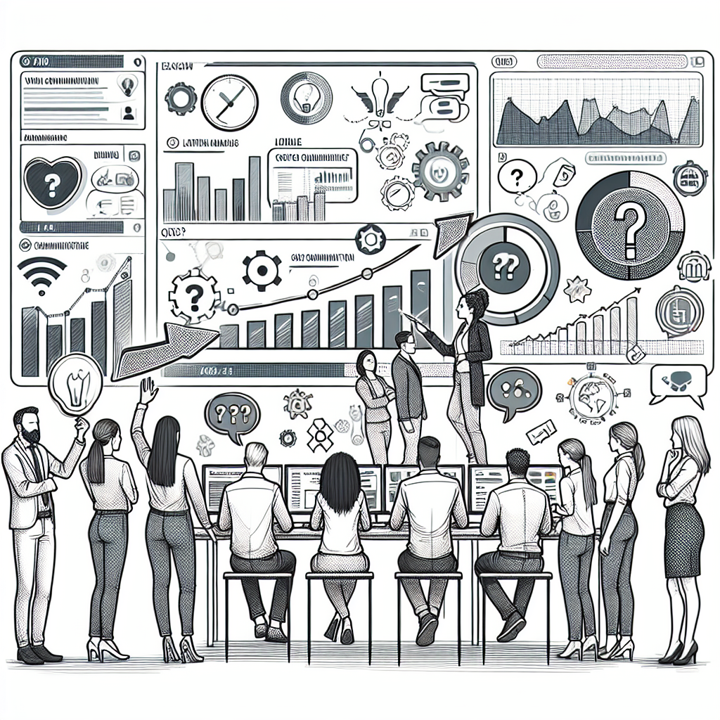 Illustration of Team using communication dashboard in a Dashboard with telecom metrics setting, with a inspired mood.