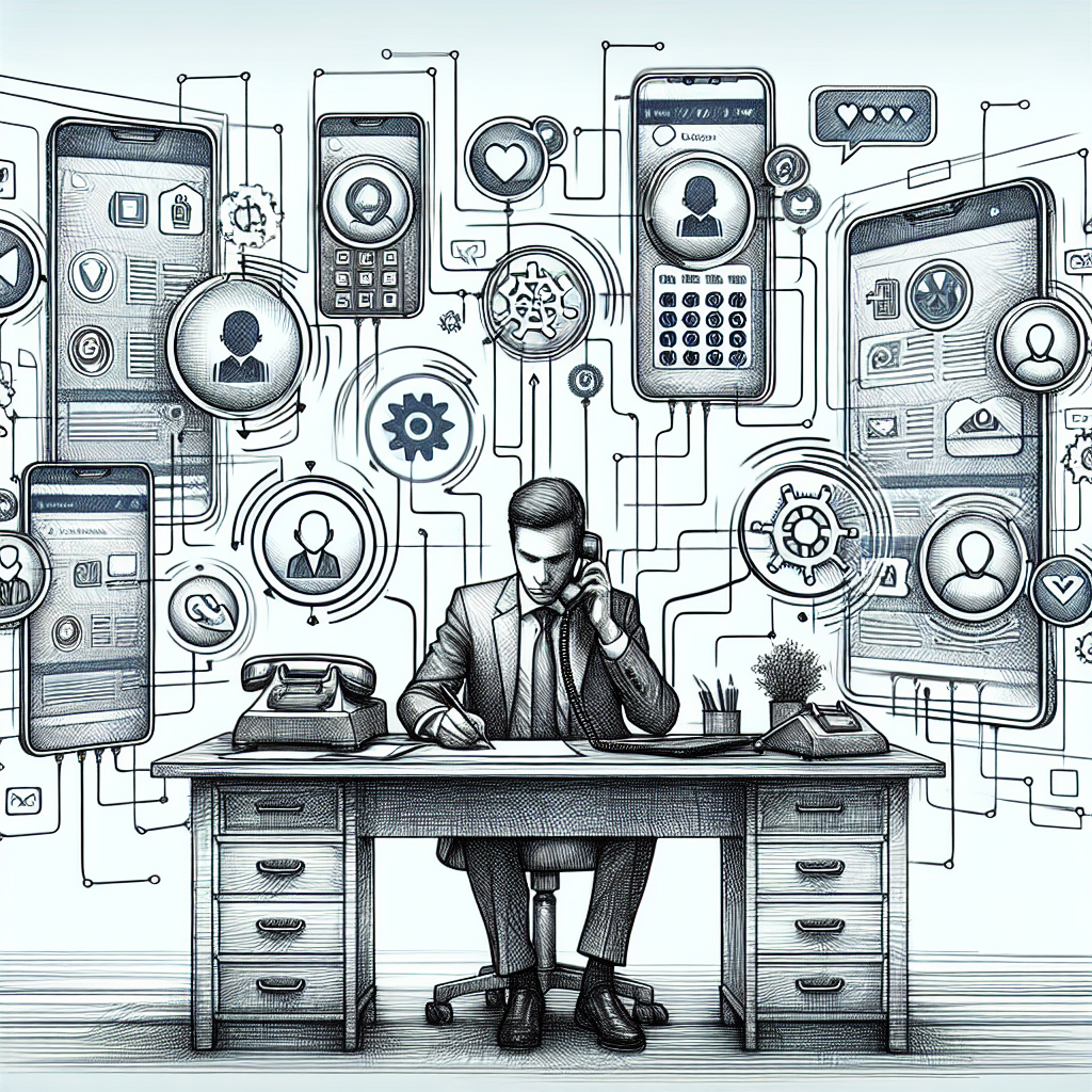 Illustration of Entrepreneur managing multiple numbers in a Professional desk with phones setting, with a focused mood.