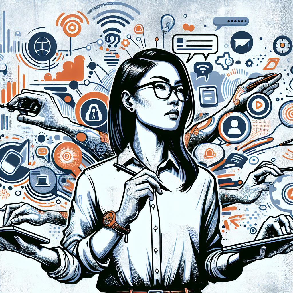 Illustration of Entrepreneur managing multiple numbers in a Tech-themed workspace setting, with a determined mood.