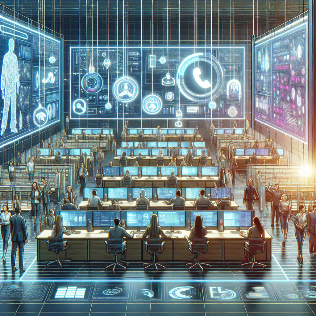 Illustration of Phone routing multiple devices in a Call center with digital wallboards setting, with a innovative mood.
