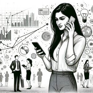 Illustration of Person making business calls on phone in a Dashboard with telecom metrics setting, with a confident mood.