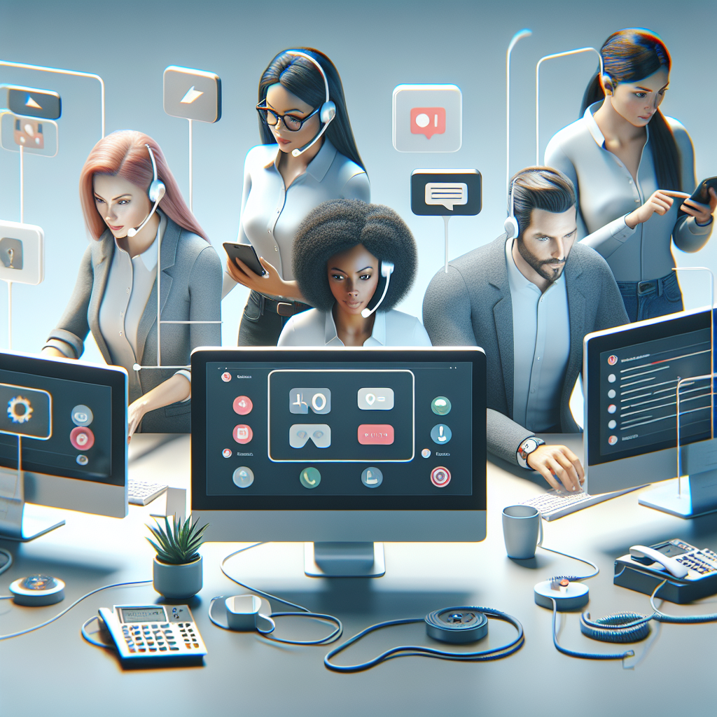 Illustration of Team using virtual PBX in a Tech-themed workspace setting, with a alert mood.