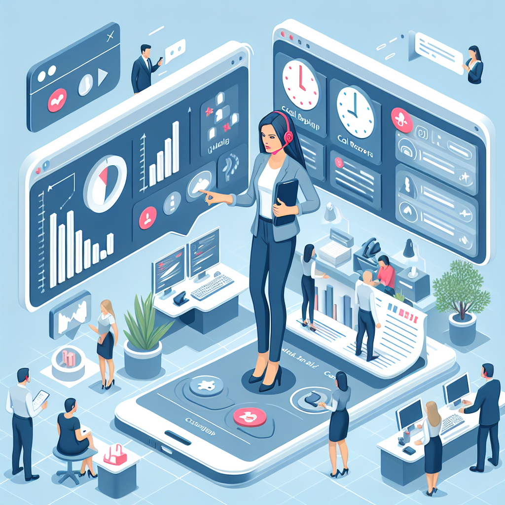 Illustration of Manager analyzing call reports in a Modern office with mobile tech setting, with a efficient mood.
