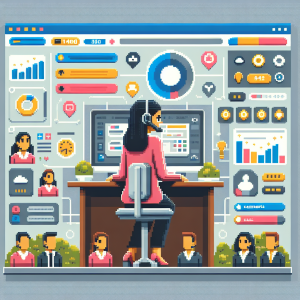 Illustration of Agent handling client calls in a Dashboard with telecom metrics setting, with a empowered mood.