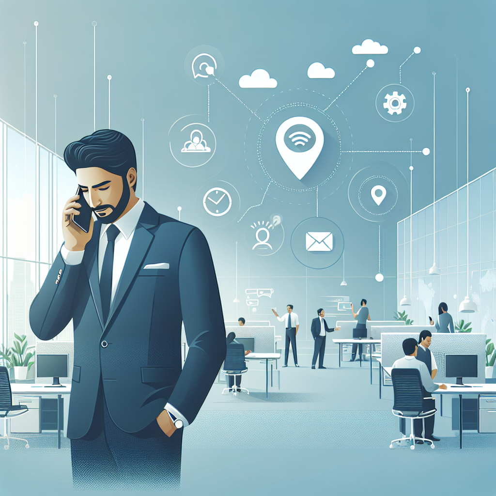 Illustration of Person making business calls on phone in a Modern office with mobile tech setting, with a confident mood.