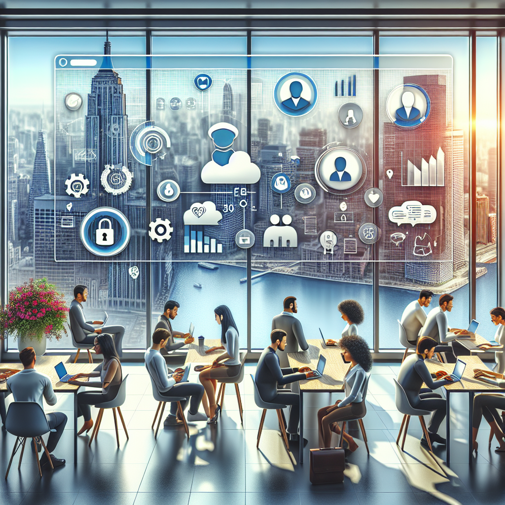 Illustration of Team using communication dashboard in a City skyline through office window setting, with a confident mood.