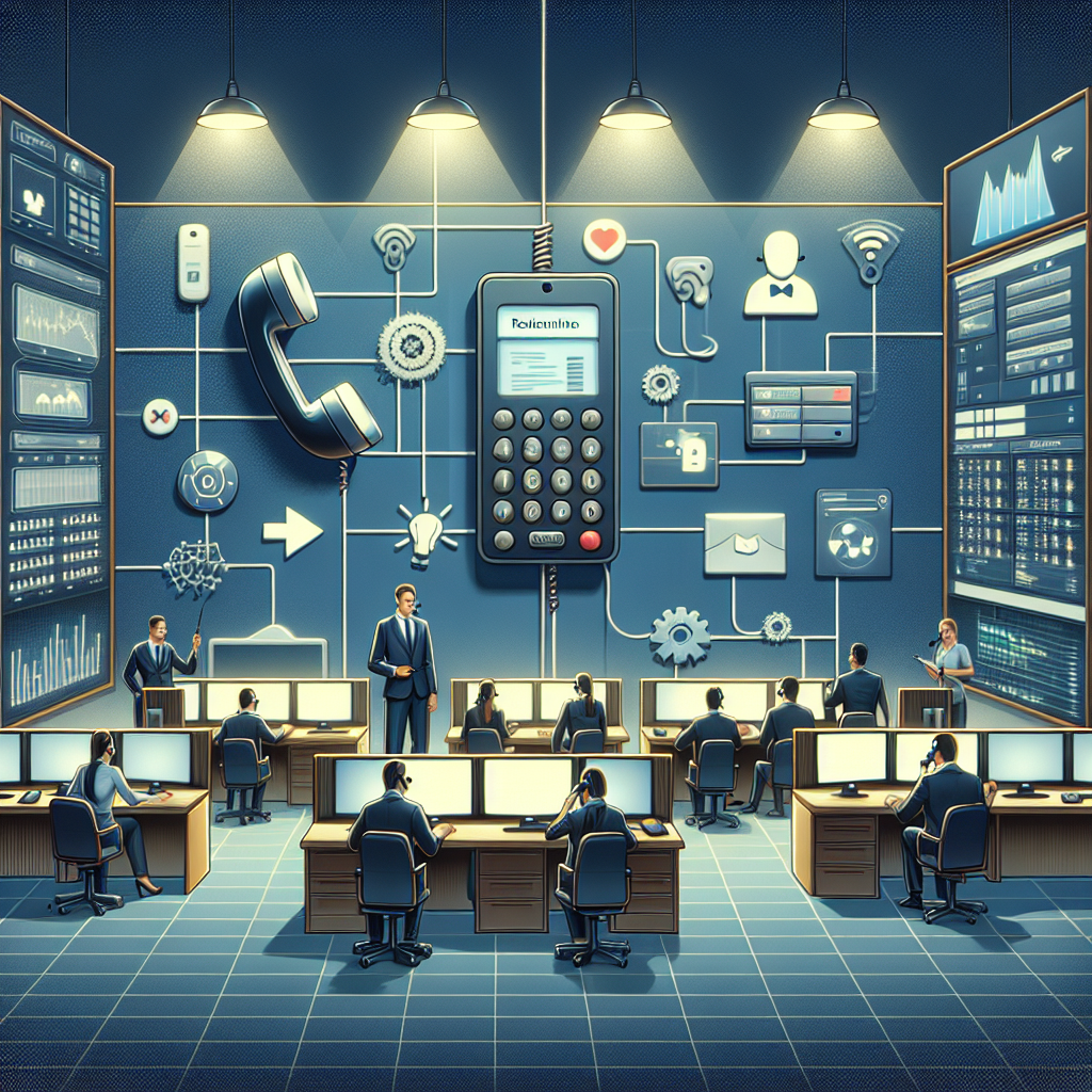 Illustration of Phone routing multiple devices in a Call center with digital wallboards setting, with a efficient mood.