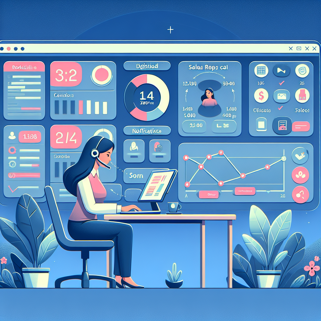 Illustration of Agent handling client calls in a Dashboard with telecom metrics setting, with a efficient mood.