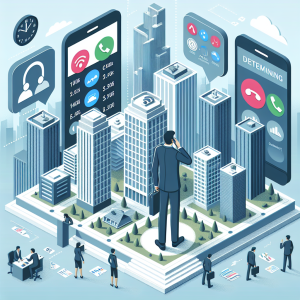 Illustration of Caller ID with mobile icons in a City skyline through office window setting, with a determined mood.