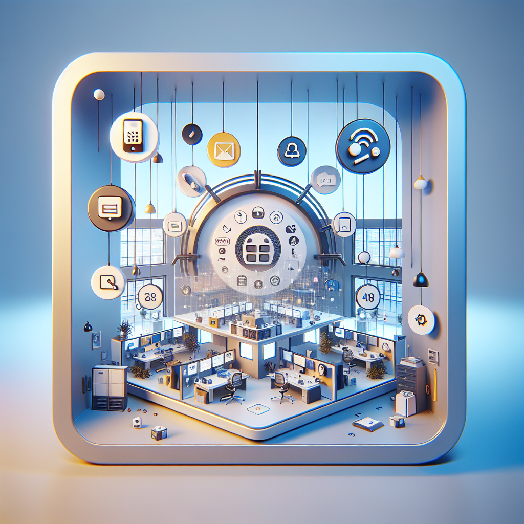 Illustration of Caller ID with mobile icons in a Modern office with mobile tech setting, with a in control mood.