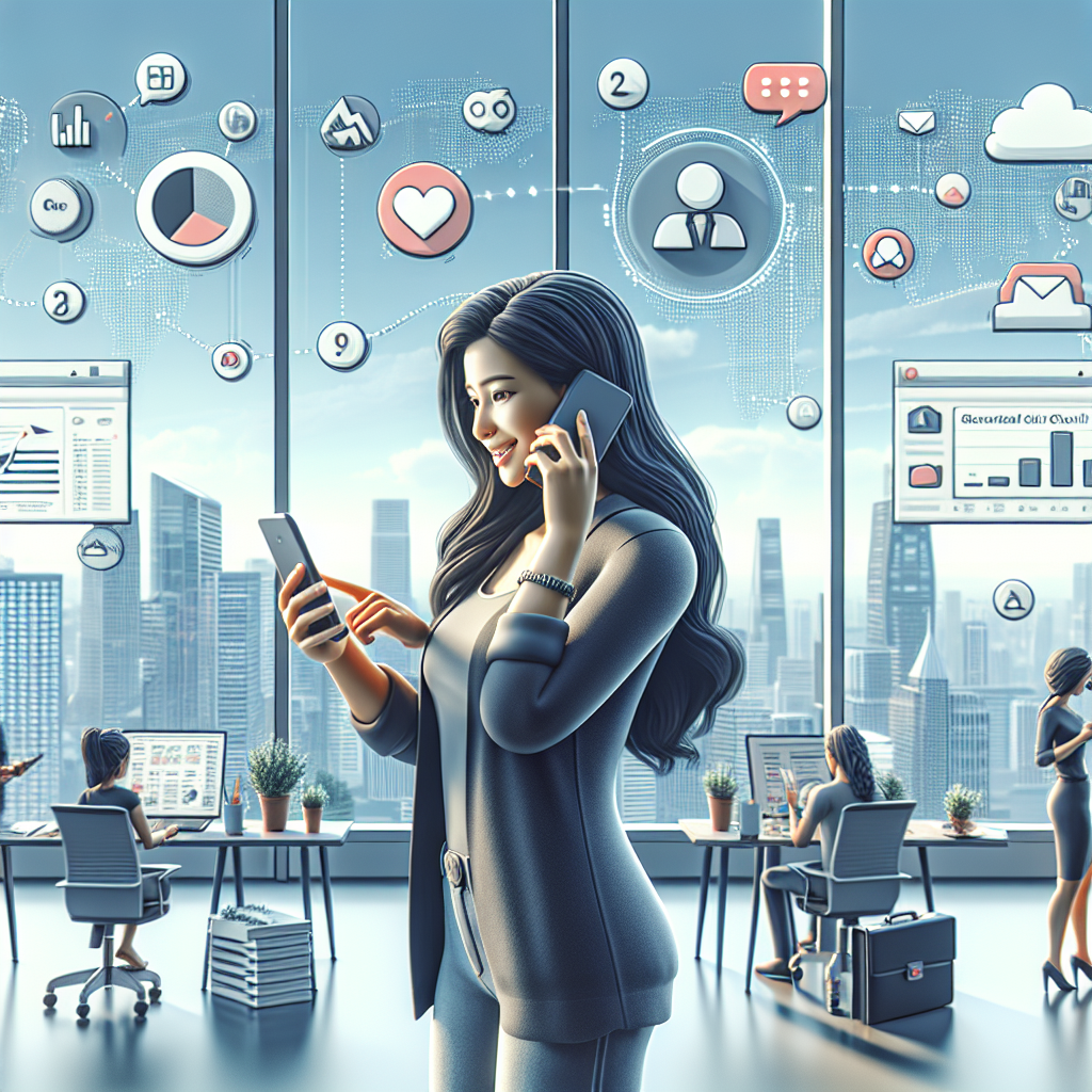 Illustration of Person making business calls on phone in a City skyline through office window setting, with a innovative mood.