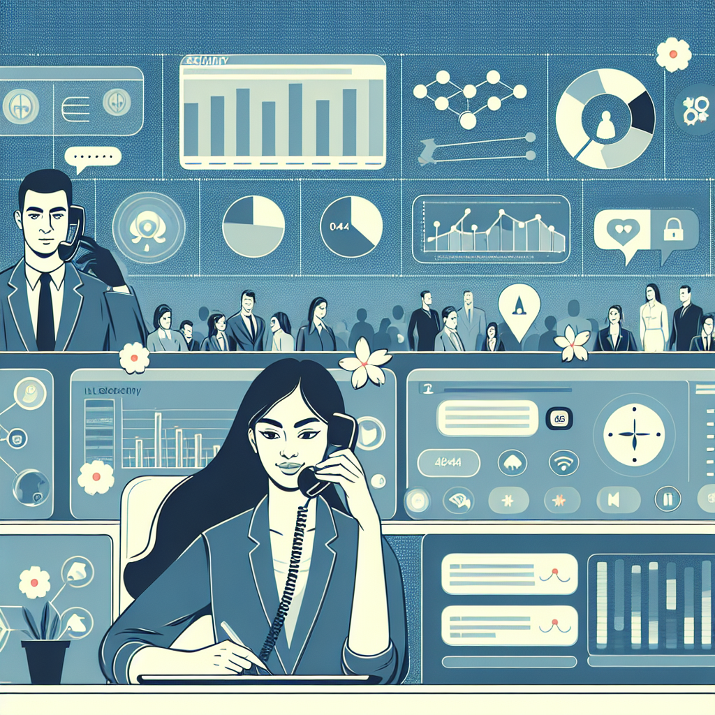 Illustration of Agent handling client calls in a Dashboard with telecom metrics setting, with a efficient mood.