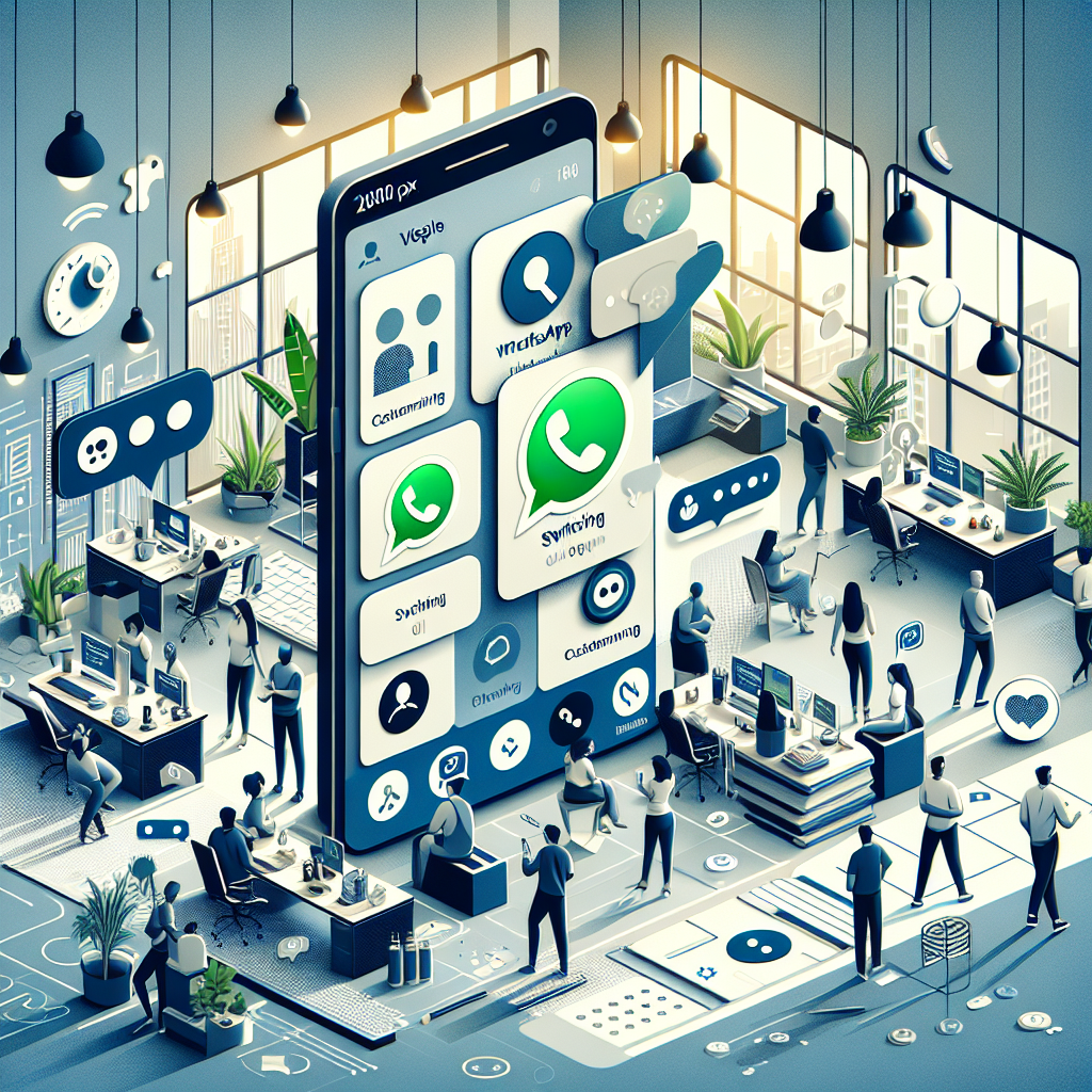 Illustration of User switching call profiles in a Modern office with mobile tech setting, with a innovative mood.