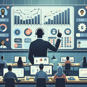 Illustration of Entrepreneur managing multiple numbers in a Dashboard with telecom metrics setting, with a professional mood.