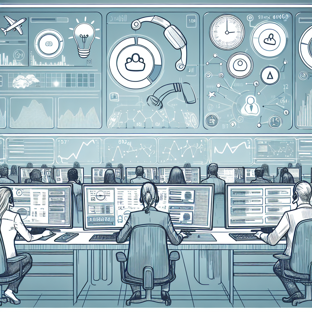 Illustration of Agent handling client calls in a Dashboard with telecom metrics setting, with a alert mood.