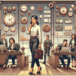 Illustration of Person making business calls on phone in a Modern office with mobile tech setting, with a confident mood.