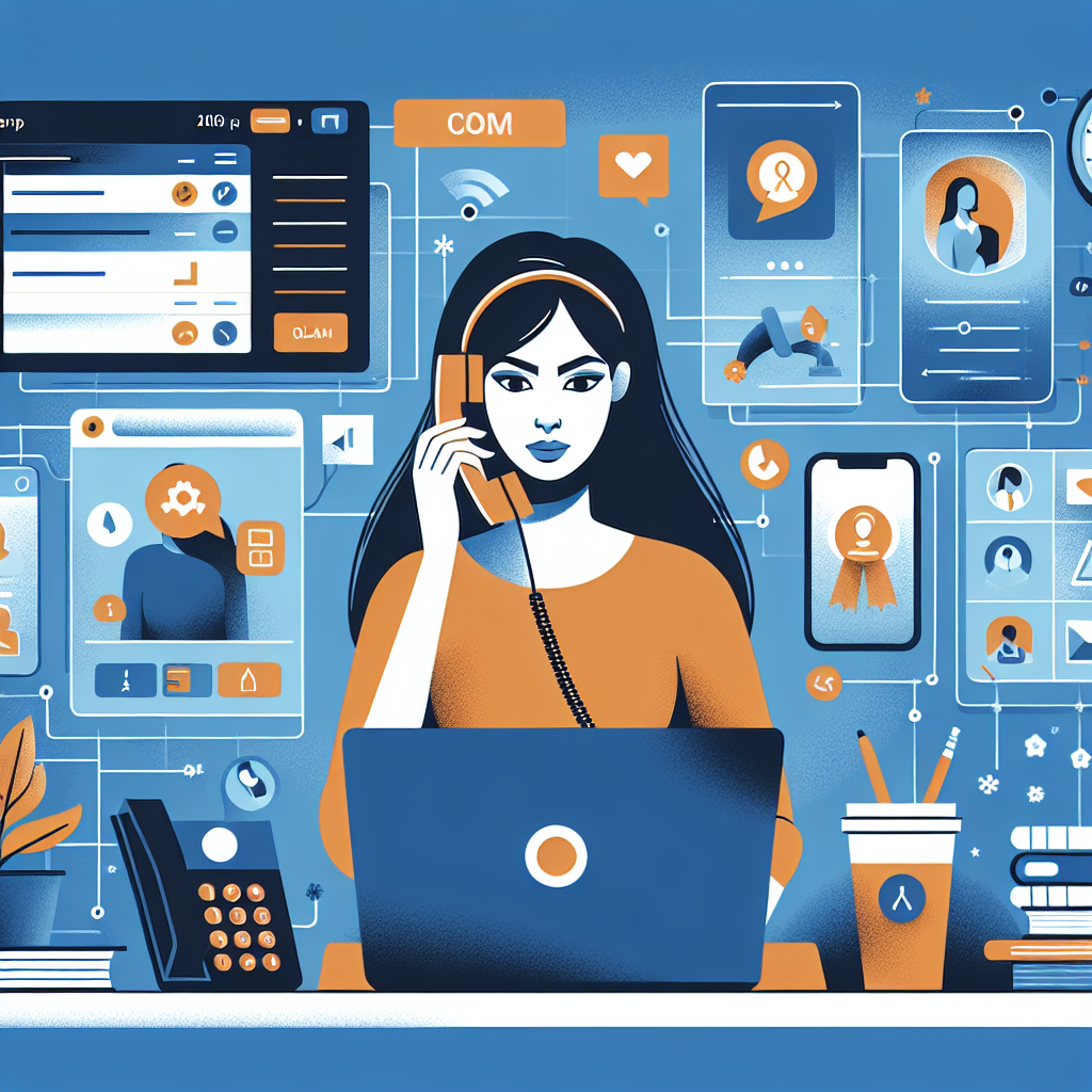 Illustration of Person making business calls on phone in a Tech-themed workspace setting, with a determined mood.