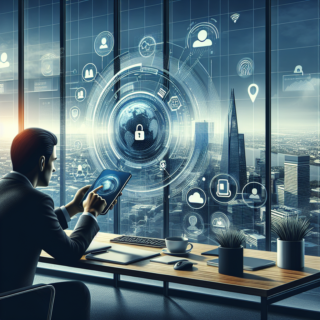 Illustration of User switching call profiles in a City skyline through office window setting, with a professional mood.