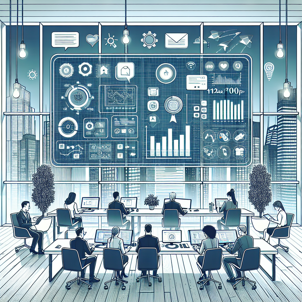 Illustration of Team using communication dashboard in a City skyline through office window setting, with a efficient mood.