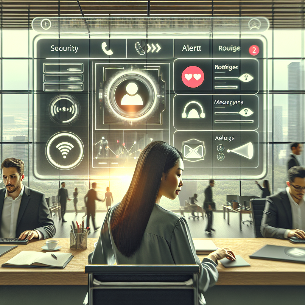 Illustration of User switching call profiles in a Modern office with mobile tech setting, with a alert mood.