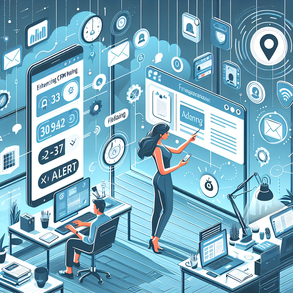 Illustration of Entrepreneur managing multiple numbers in a Modern office with mobile tech setting, with a alert mood.