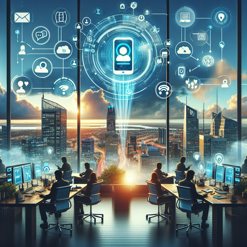 Illustration of Phone routing multiple devices in a City skyline through office window setting, with a focused mood.