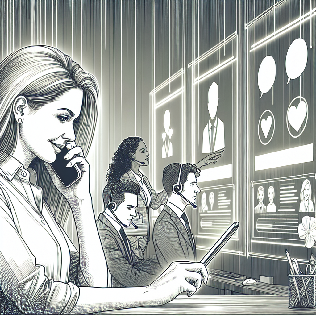 Illustration of Person making business calls on phone in a Virtual command center setting, with a empowered mood.
