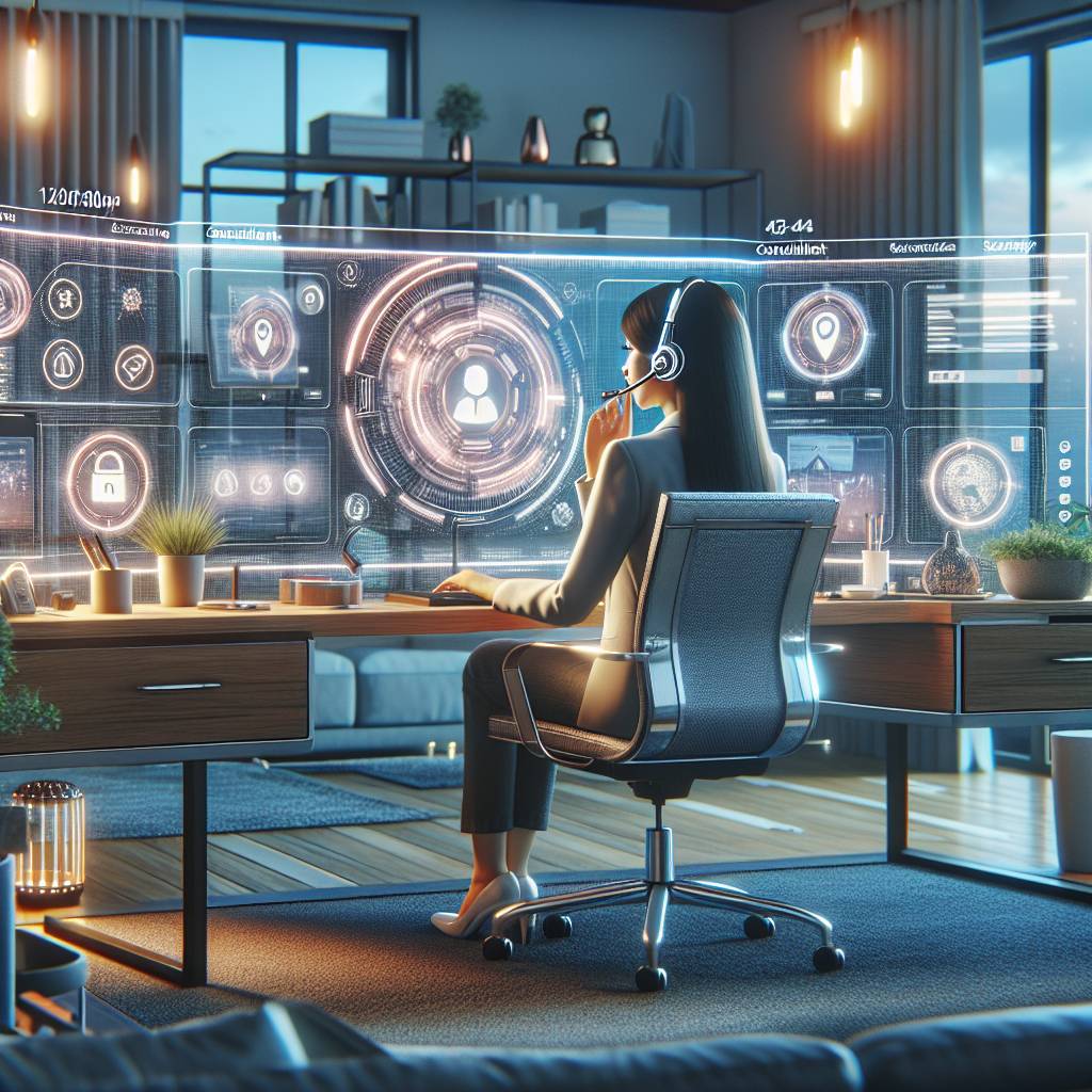 Illustration of Agent handling client calls in a Home office setup with headset setting, with a professional mood.