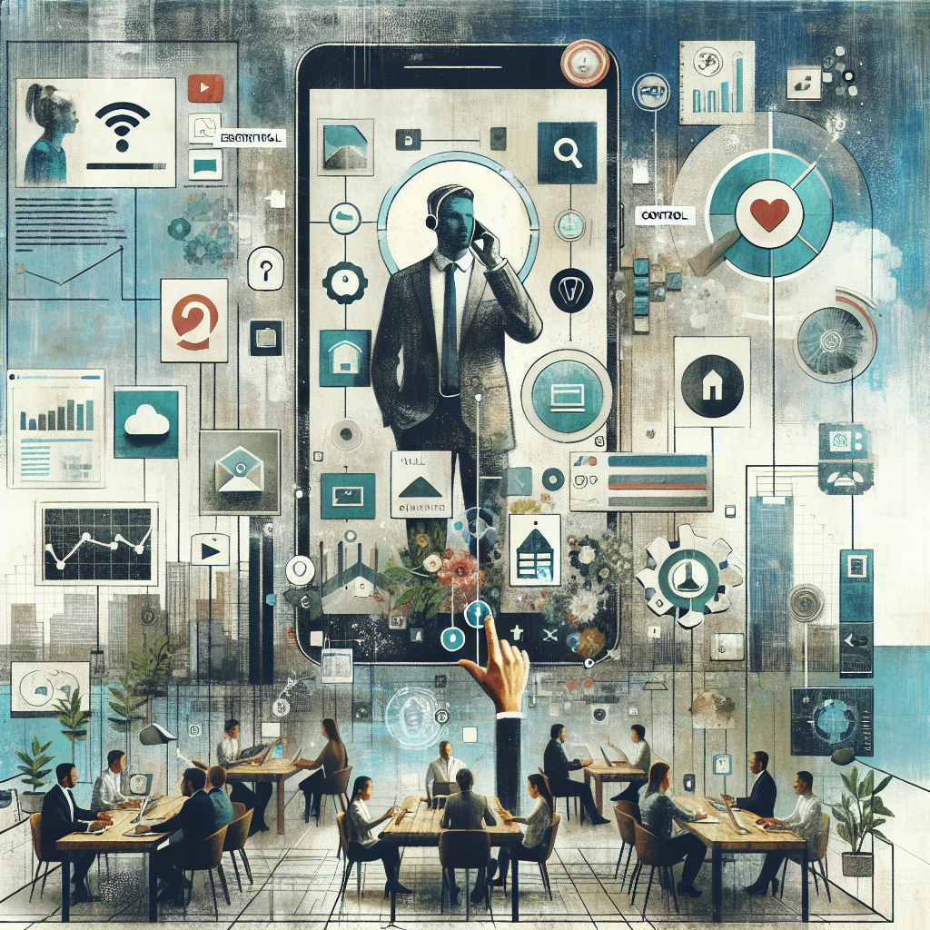 Illustration of User switching call profiles in a Modern office with mobile tech setting, with a in control mood.