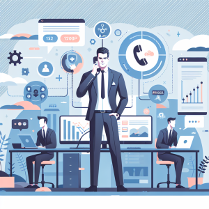 Illustration of Agent handling client calls in a Tech-themed workspace setting, with a confident mood.
