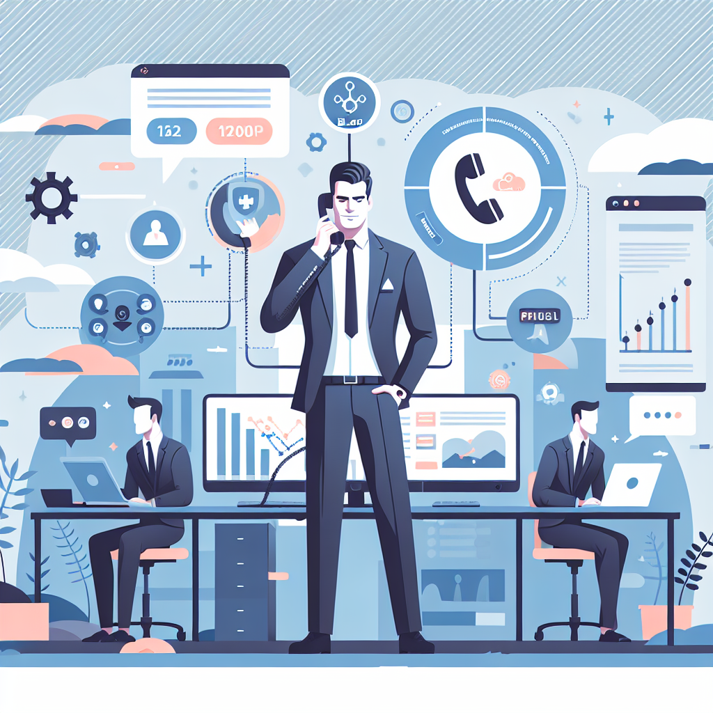 Illustration of Agent handling client calls in a Tech-themed workspace setting, with a confident mood.