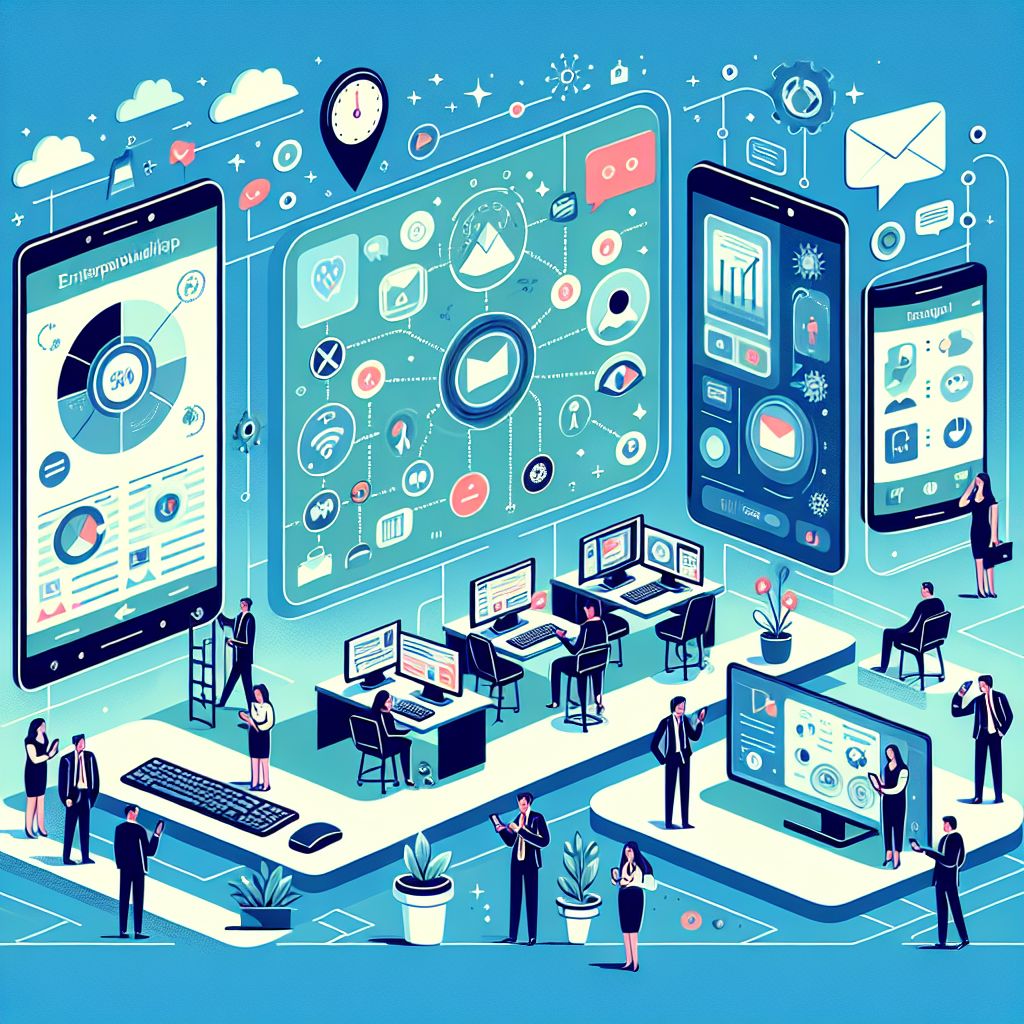 Illustration of Phone routing multiple devices in a Call center with digital wallboards setting, with a professional mood.