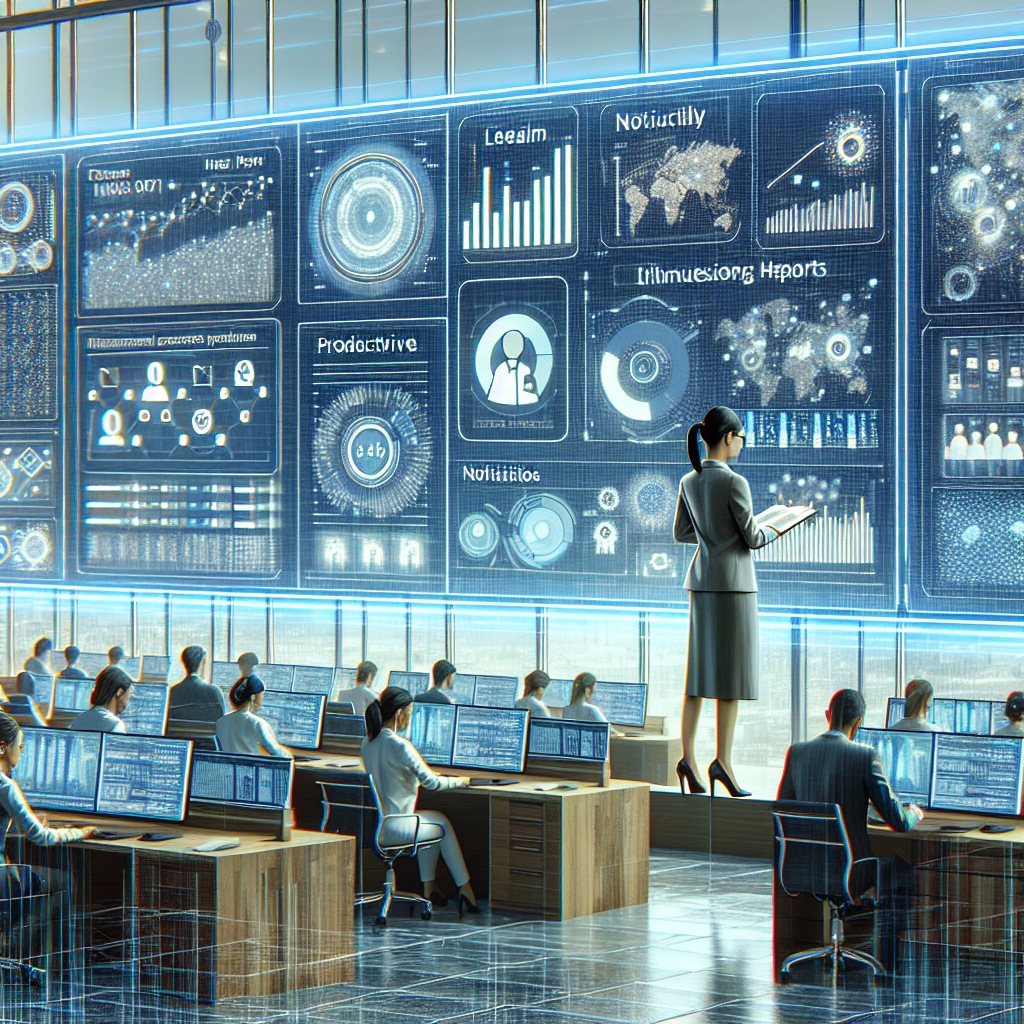 Illustration of Manager analyzing call reports in a Call center with digital wallboards setting, with a focused mood.