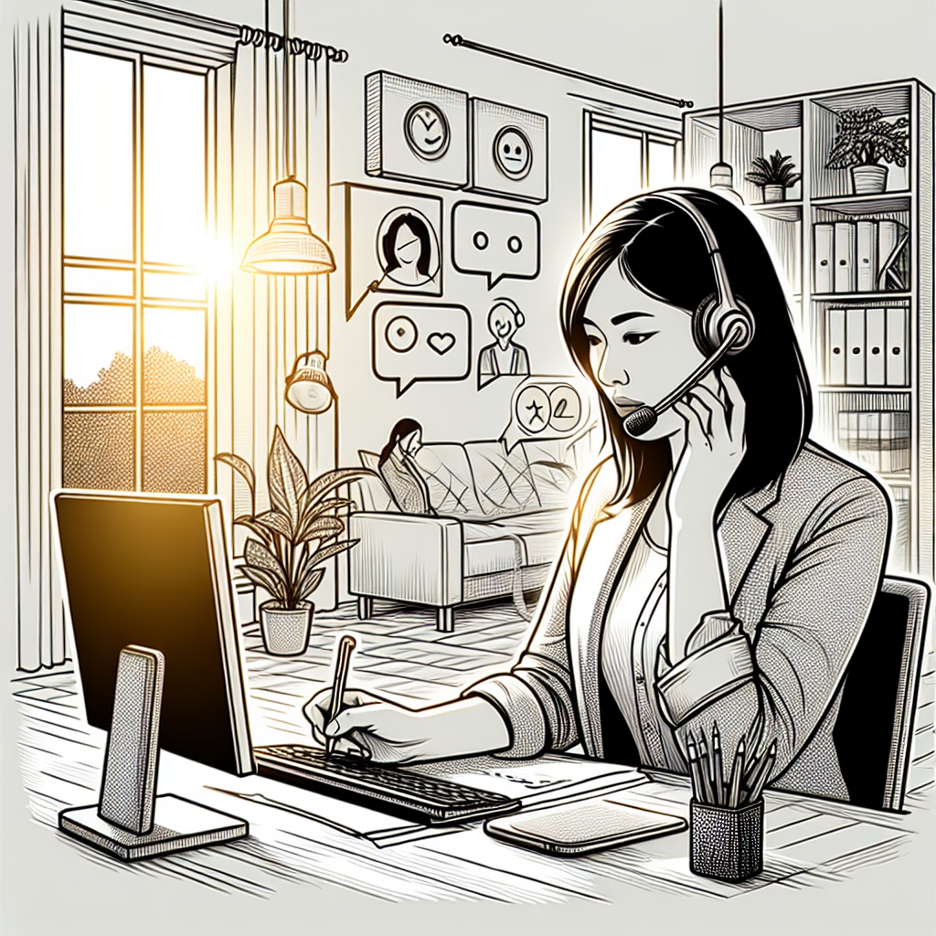 Illustration of Person making business calls on phone in a Home office setup with headset setting, with a professional mood.