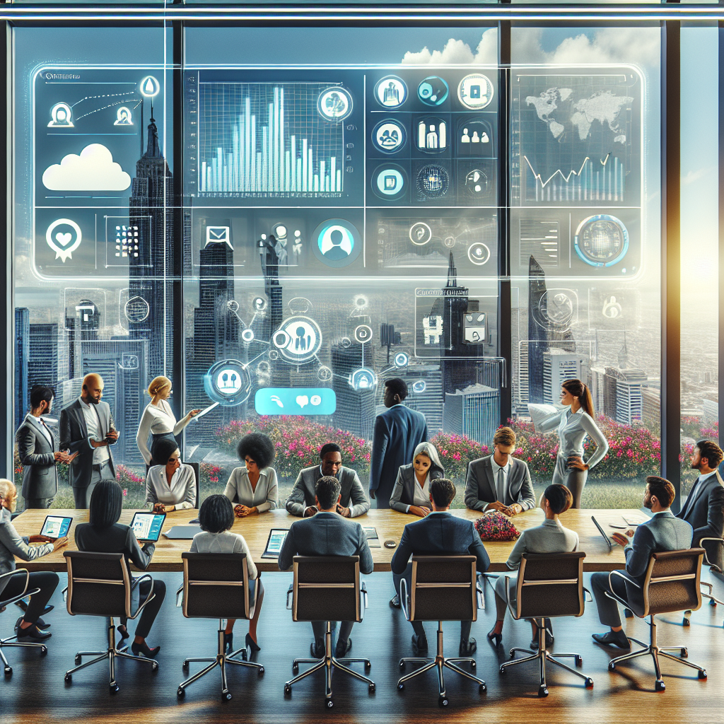 Illustration of Team using communication dashboard in a City skyline through office window setting, with a inspired mood.