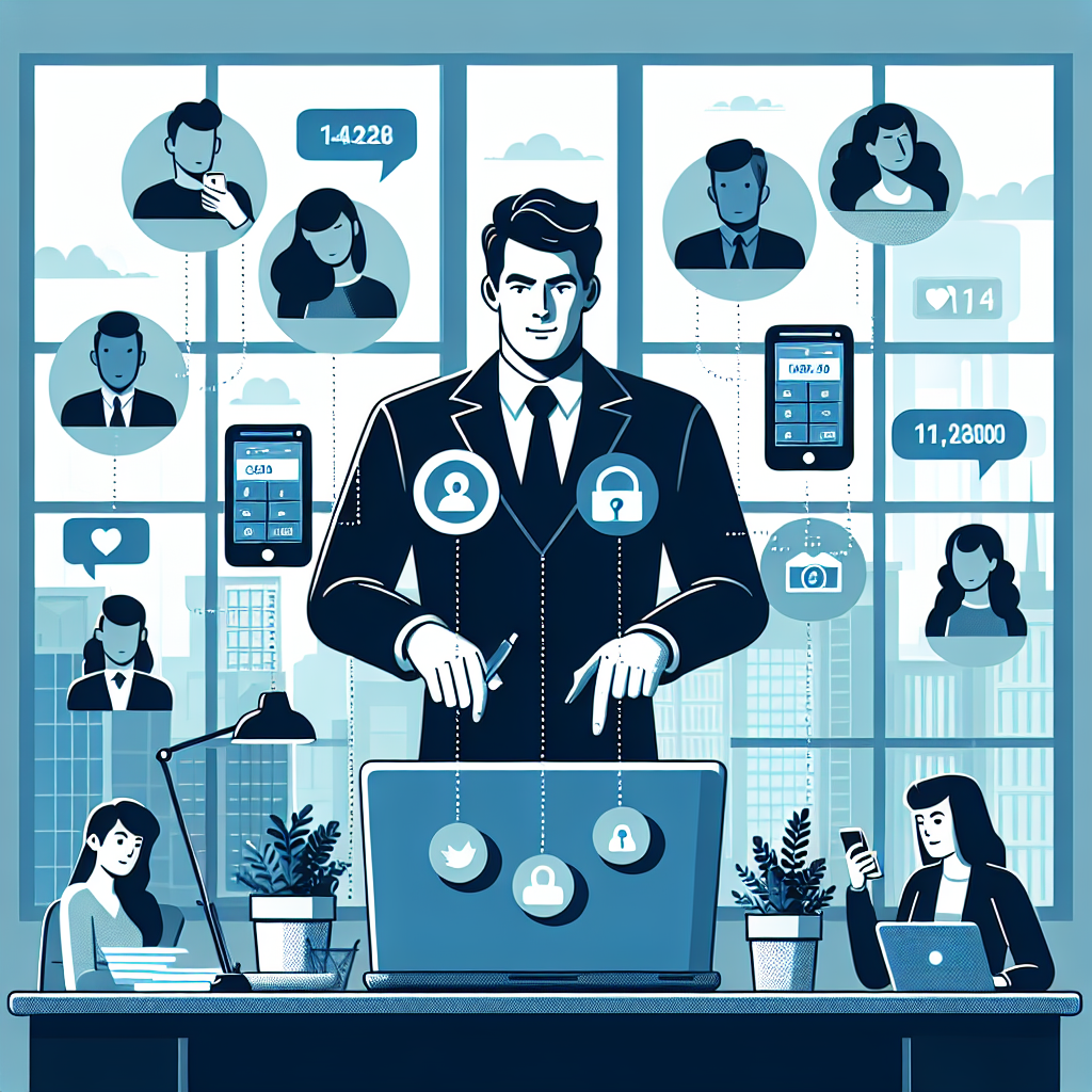 Illustration of Entrepreneur managing multiple numbers in a City skyline through office window setting, with a empowered mood.