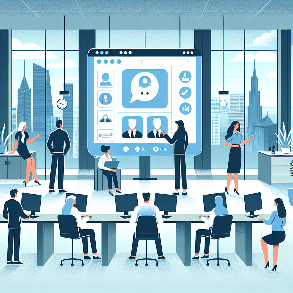 Illustration of Team using virtual PBX in a City skyline through office window setting, with a confident mood.