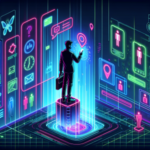 Illustration of Person making business calls on phone in a Virtual command center setting, with a empowered mood.