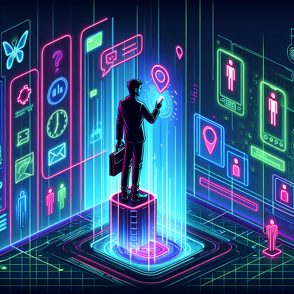 Illustration of Person making business calls on phone in a Virtual command center setting, with a empowered mood.