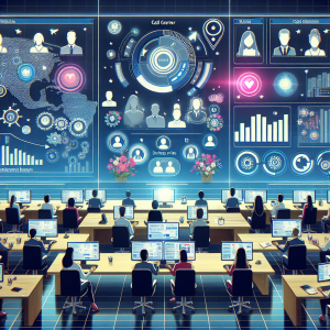 Illustration of User switching call profiles in a Call center with digital wallboards setting, with a empowered mood.