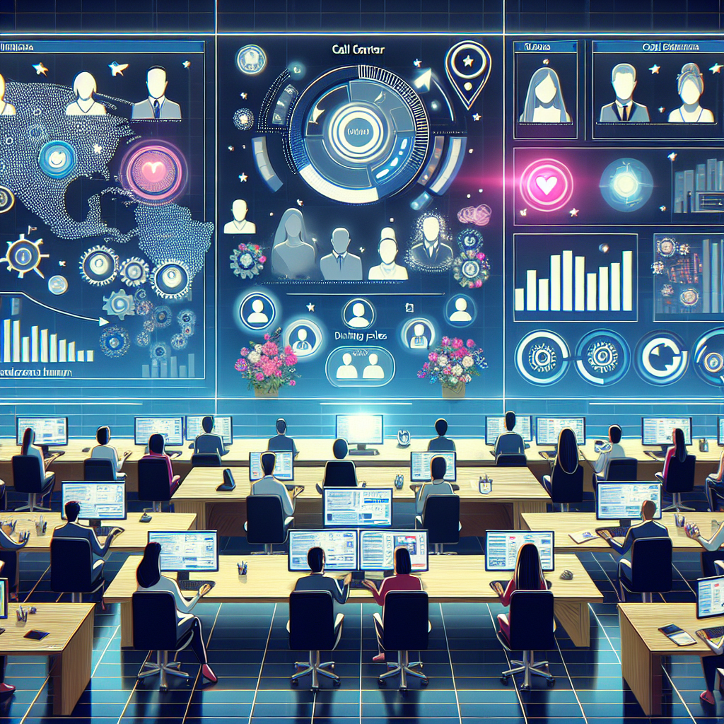 Illustration of User switching call profiles in a Call center with digital wallboards setting, with a empowered mood.