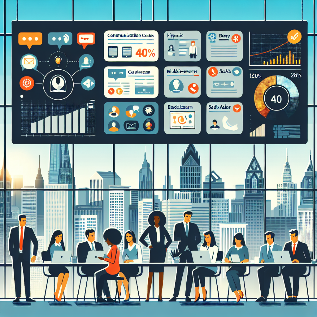 Illustration of Team using communication dashboard in a City skyline through office window setting, with a innovative mood.
