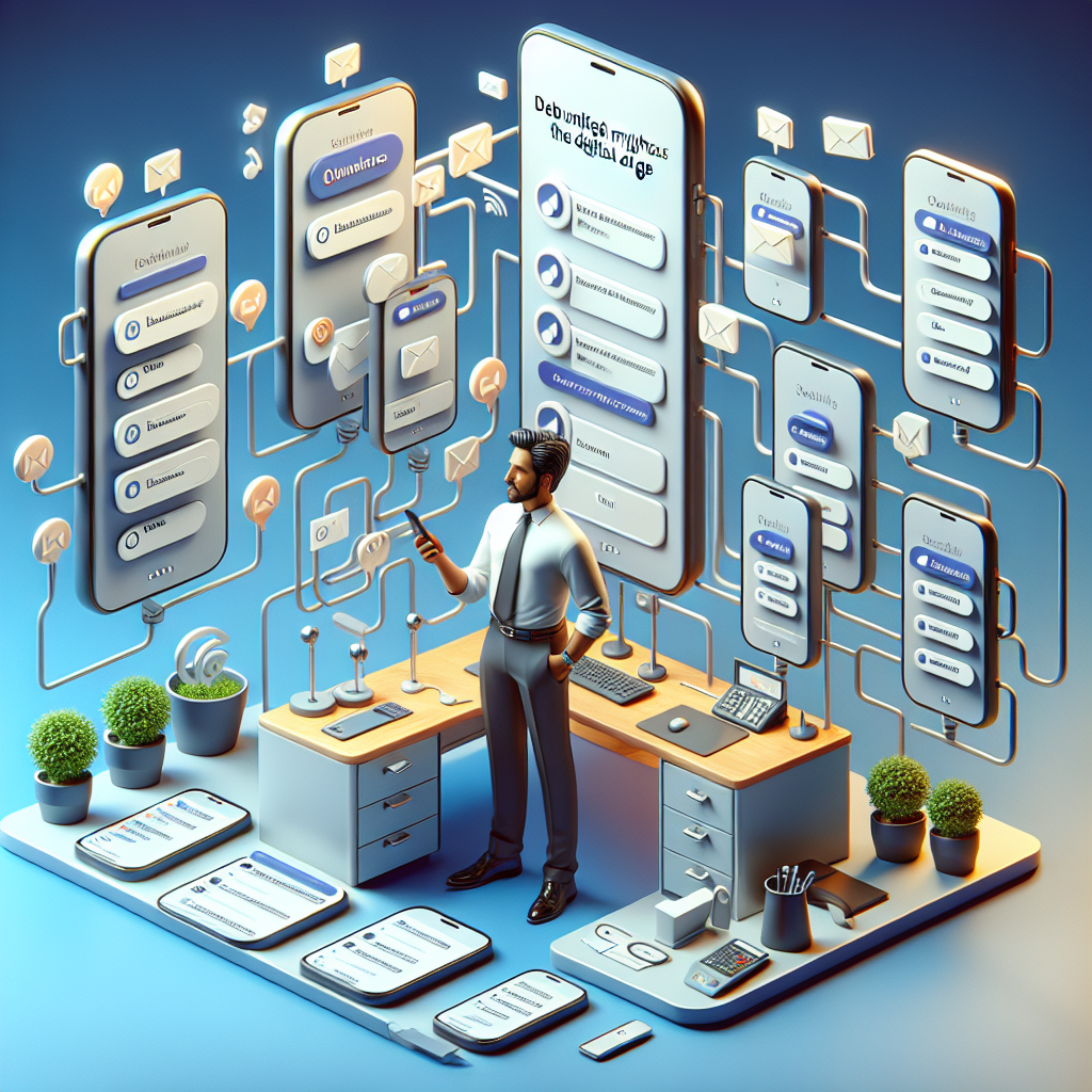 Illustration of Phone routing multiple devices in a Professional desk with phones setting, with a efficient mood.