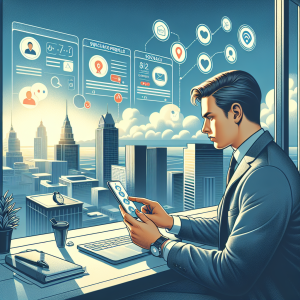 Illustration of User switching call profiles in a City skyline through office window setting, with a focused mood.