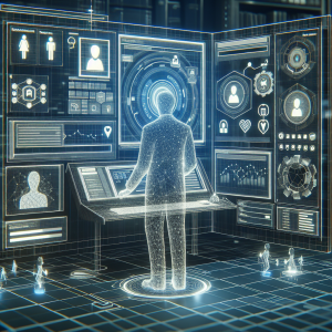 Illustration of Agent handling client calls in a Virtual command center setting, with a determined mood.