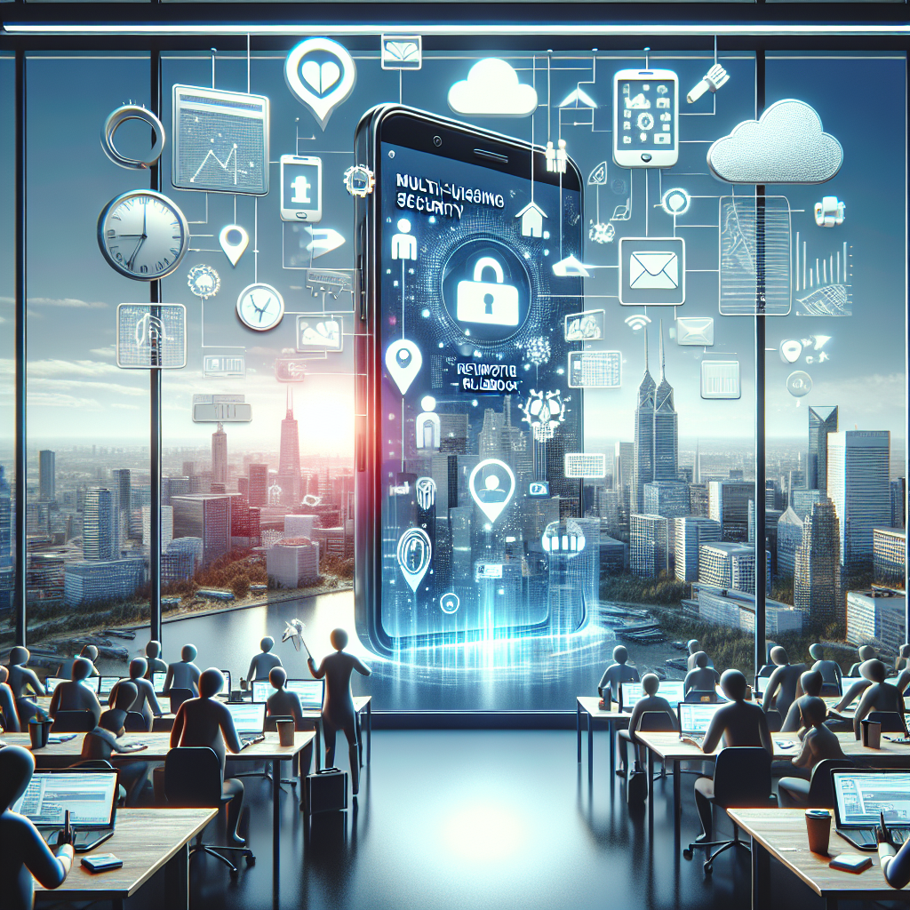 Illustration of Phone routing multiple devices in a City skyline through office window setting, with a empowered mood.
