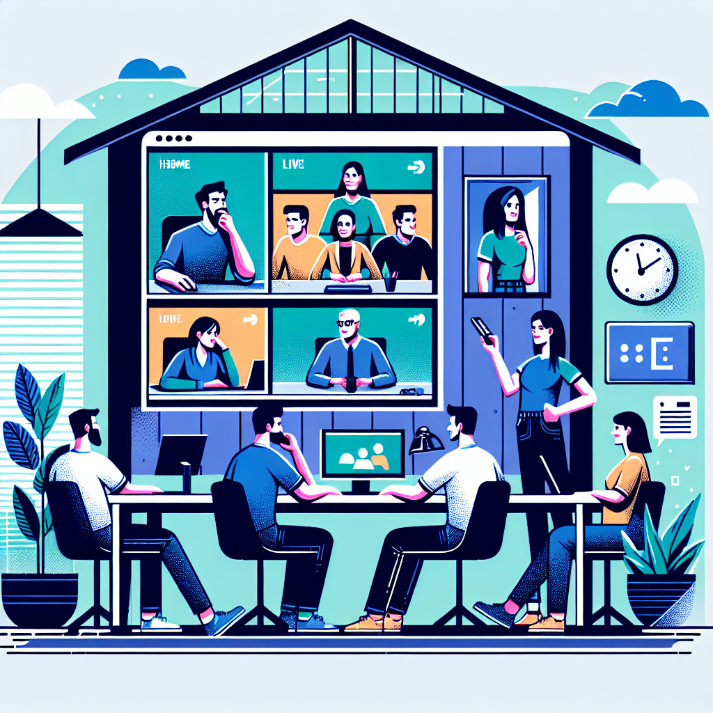 Illustration of Team on video call in a Home office setting, with a focused mood.